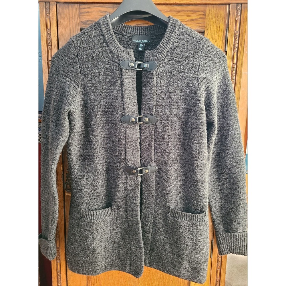 Cynthia Rowley Womens 3 Buckle Snap Knit Cardigan Sweater Large Gray Pockets